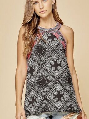 NWT Boutique Savanna Jane Boho Bandana Embroidered Halter Top Sz 2X